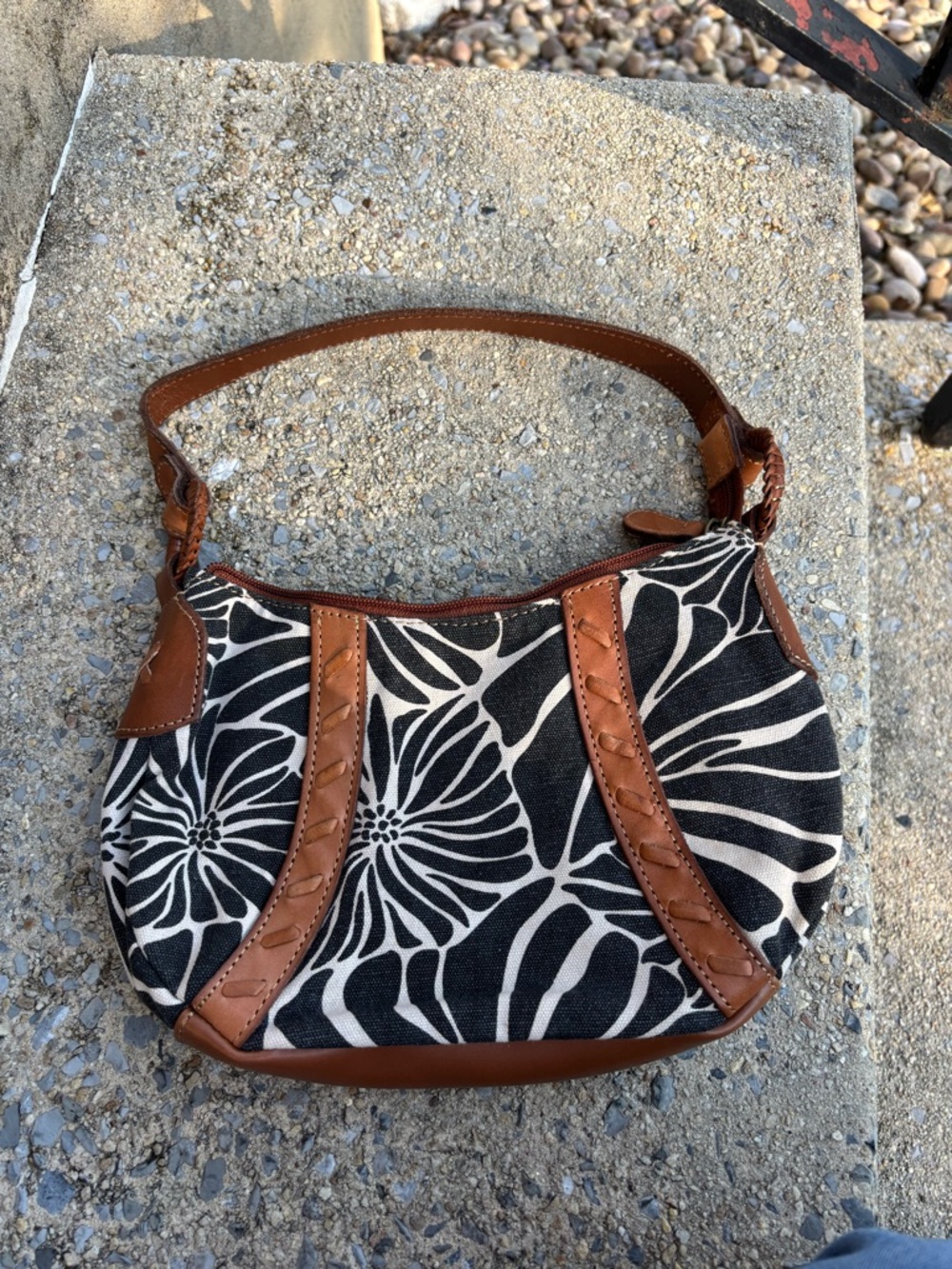 Fossil Navy and White Floral Canvas Shoulder Bag with Brown Trim